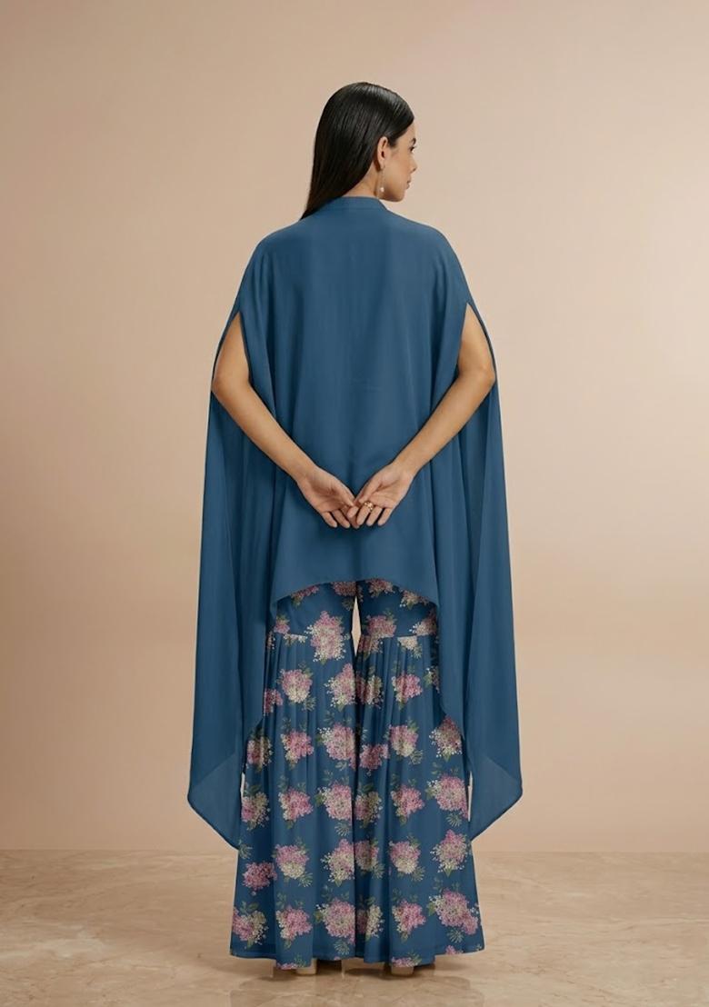 Teal Blue Printed Georgette Fusion Set - Indya