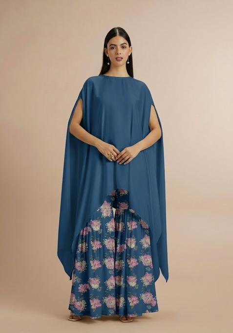 Teal Blue Printed Georgette Fusion Set