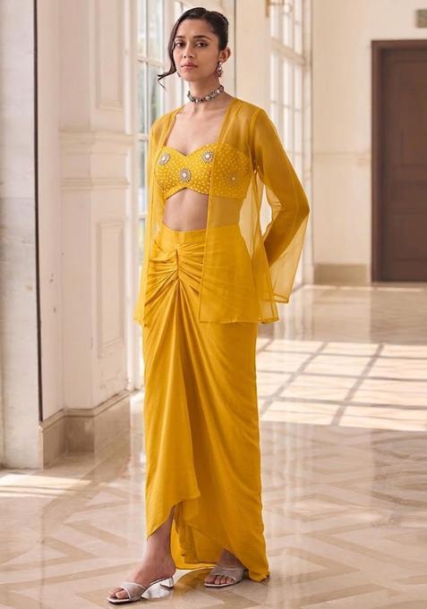 Mustard Yellow Printed Crepe Fusion Set