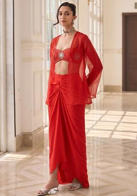 Crimson Red Printed Crepe Fusion Set