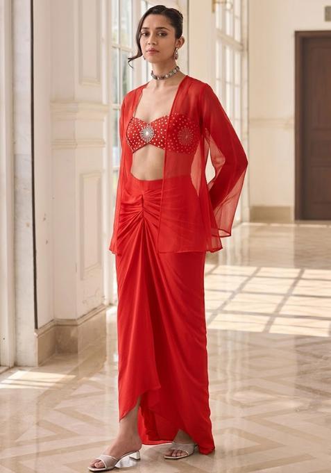 Crimson Red Printed Crepe Fusion Set