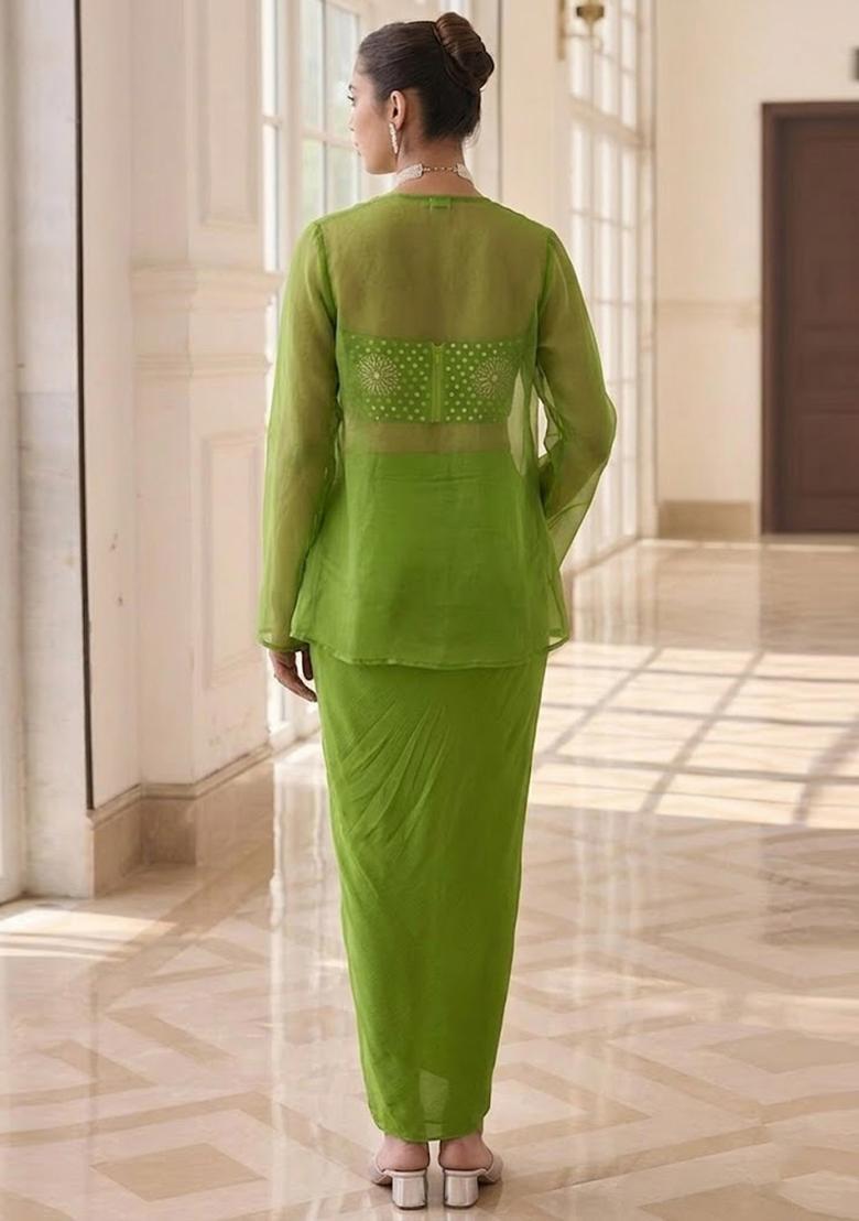 Olive Green Printed Crepe Fusion Set - Indya