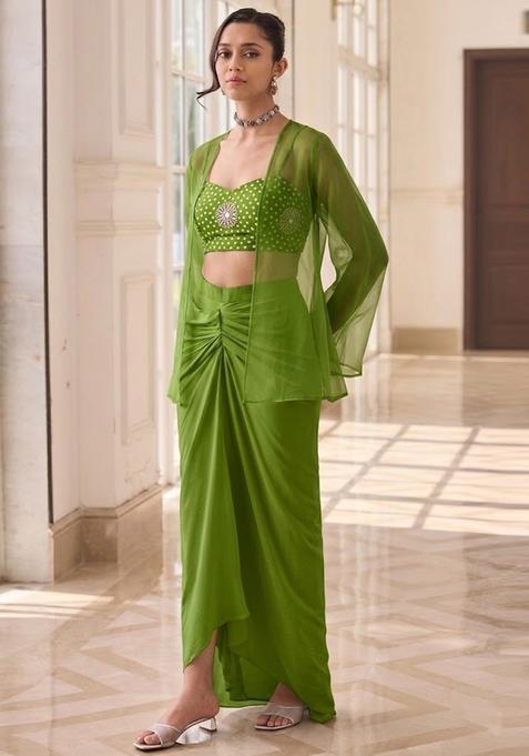 Olive Green Printed Crepe Fusion Set