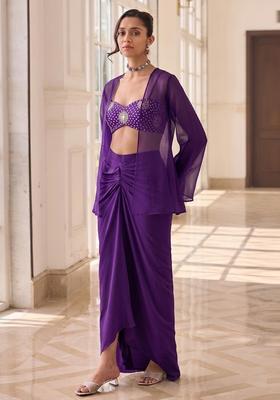 Purple Printed Crepe Fusion Set