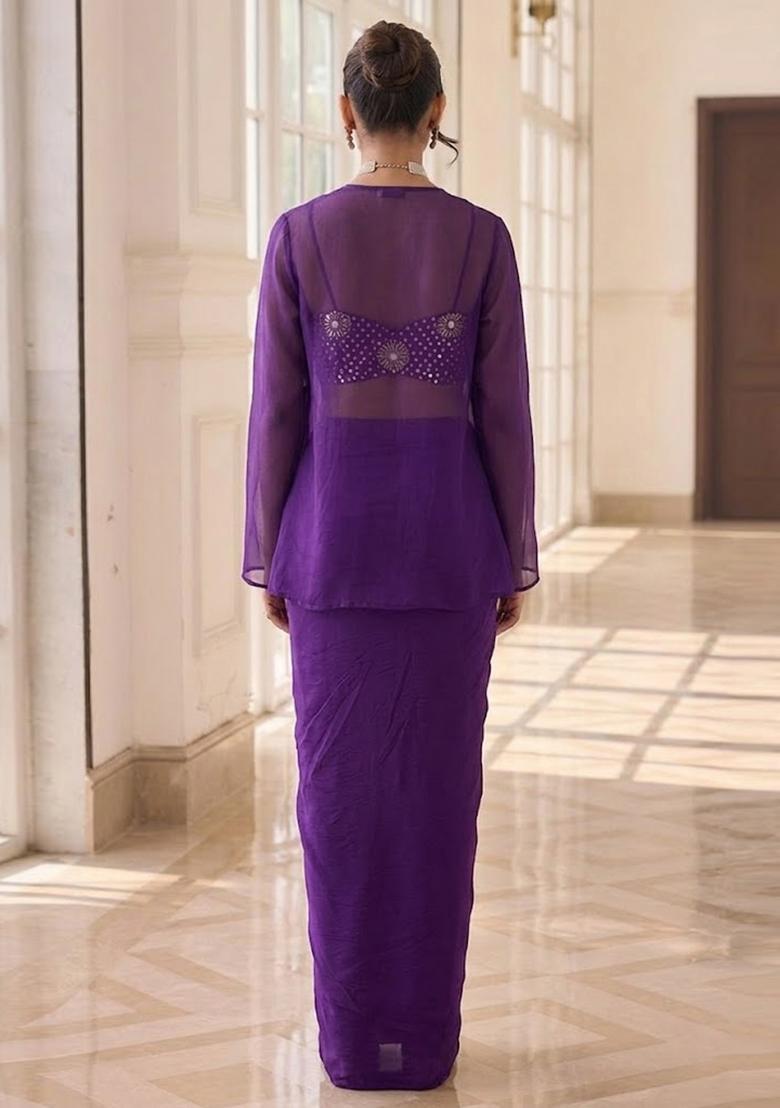 Purple Printed Crepe Fusion Set - Indya