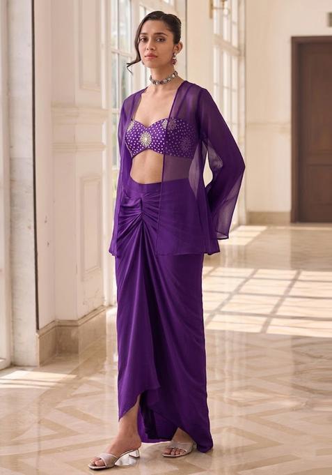 Purple Printed Crepe Fusion Set