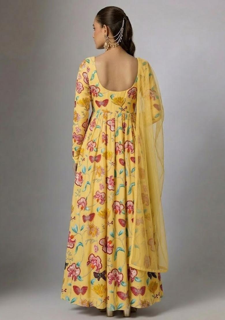 Pastel Yellow Printed Chinon Anarkali With Dupatta - Indya