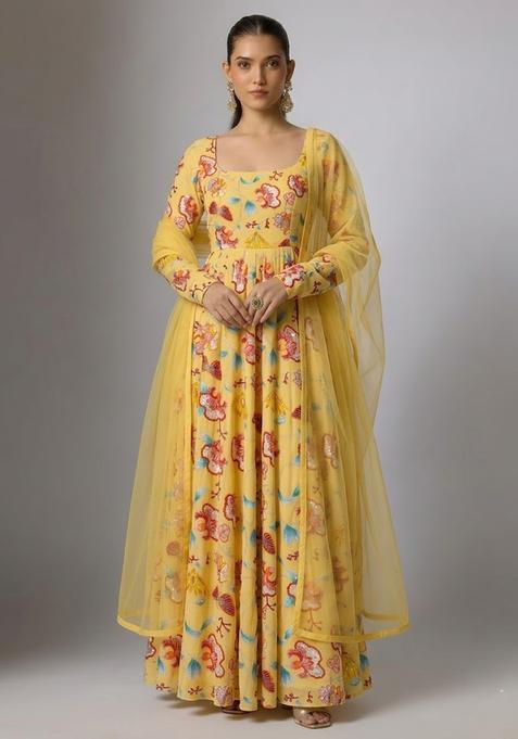 Pastel Yellow Printed Chinon Anarkali With Dupatta