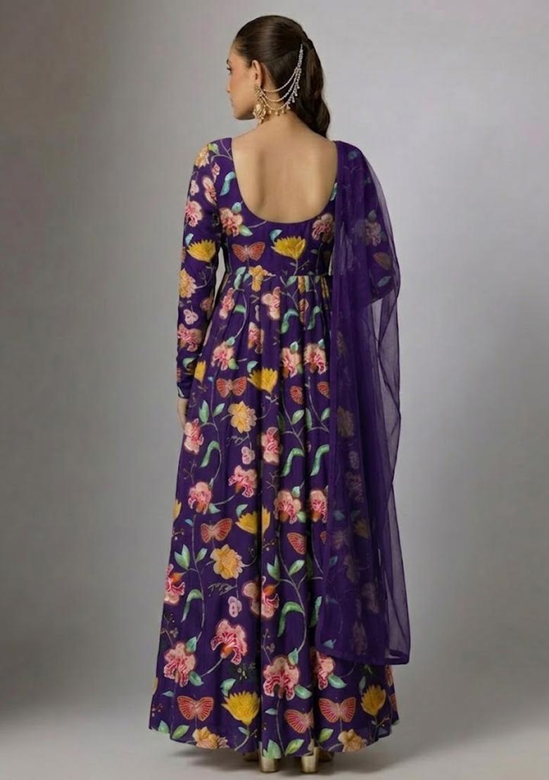 Purple Printed Chinon Anarkali With Dupatta - Indya