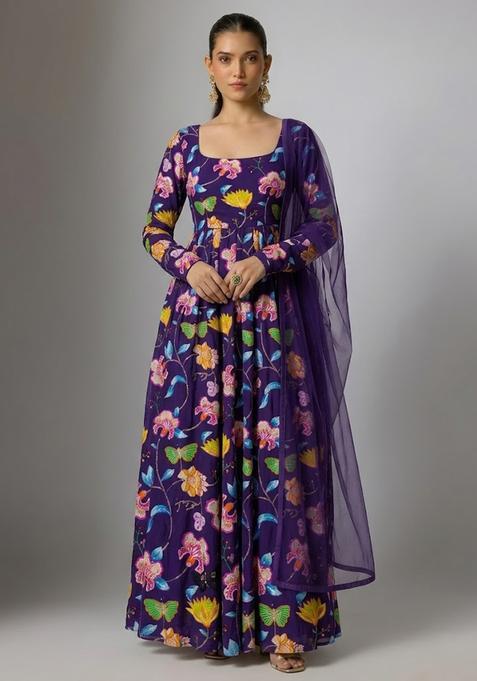 Purple Printed Chinon Anarkali With Dupatta