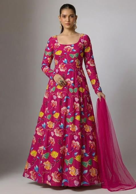 Hot Pink Printed Chinon Anarkali With Dupatta