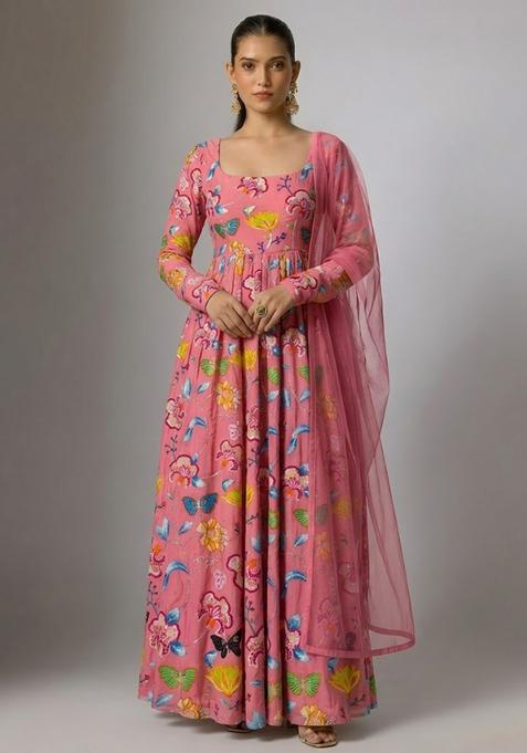 Soft Pink Printed Chinon Anarkali With Dupatta