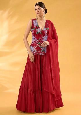 Bright Red Printed Organza Sharara Set
