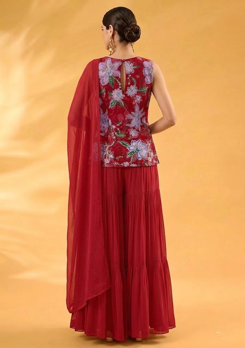 Bright Red Printed Organza Sharara Set - Indya