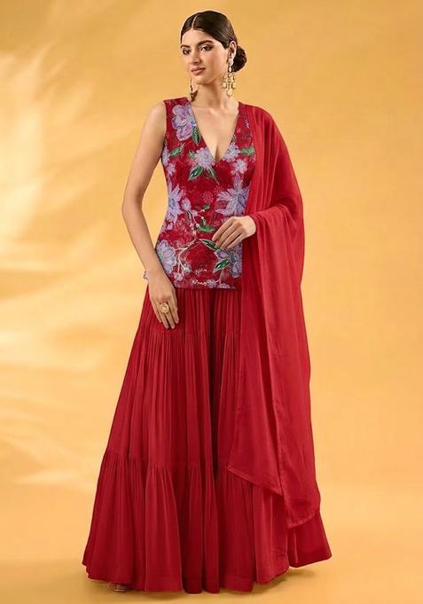 Bright Red Printed Organza Sharara Set