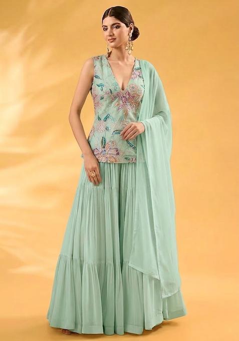 Mint Green Printed Organza Sharara Set