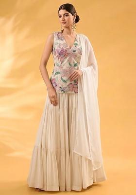 Beige Printed Organza Sharara Set