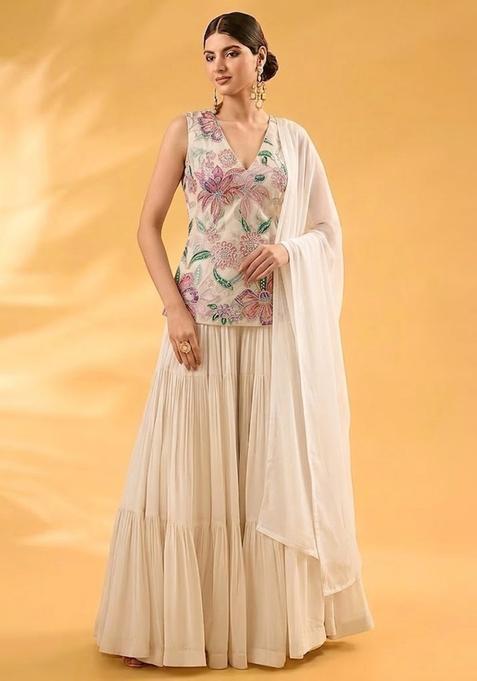 Beige Printed Organza Sharara Set