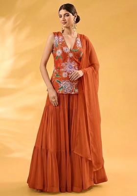 Rust Printed Organza Sharara Set