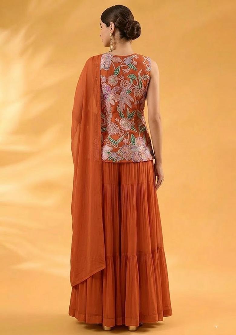 Rust Printed Organza Sharara Set - Indya