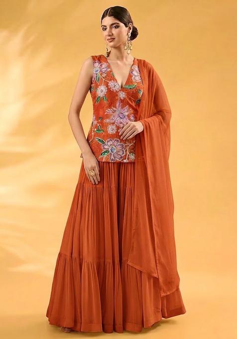 Rust Printed Organza Sharara Set