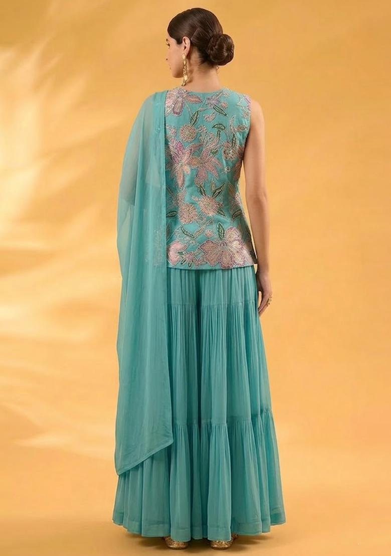 Teal Blue Printed Organza Sharara Set - Indya