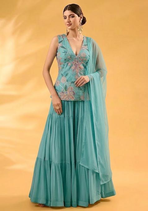 Teal Blue Printed Organza Sharara Set