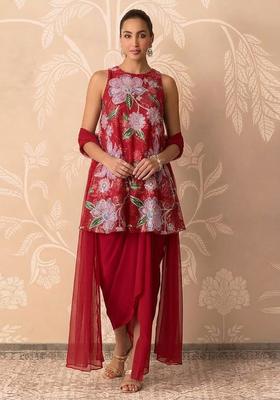 Bright Red Printed Organza Kurta Set
