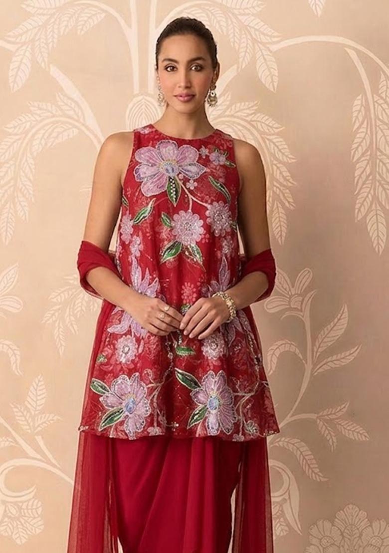 Bright Red Printed Organza Kurta Set - Indya