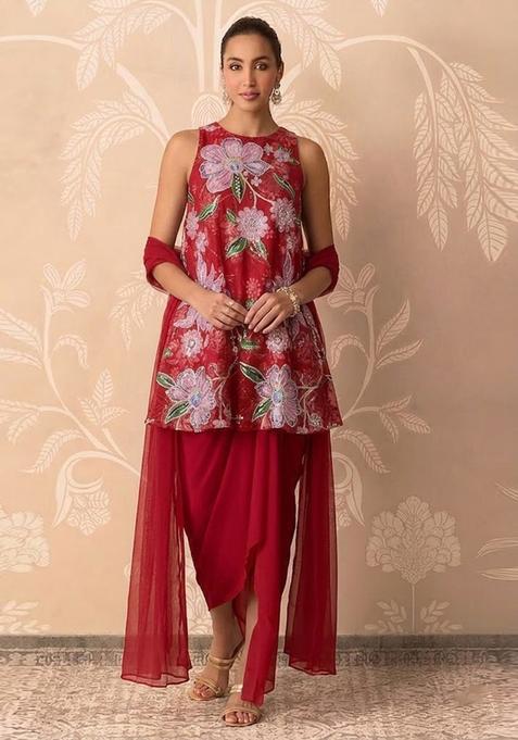 Bright Red Printed Organza Kurta Set