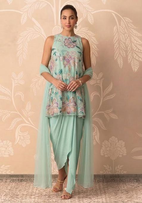 Mint Blue Printed Organza Kurta Set