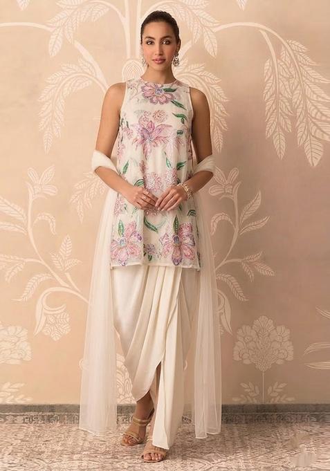 Beige Printed Organza Kurta Set