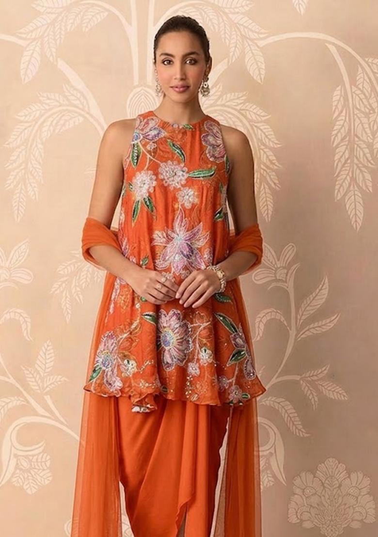 Orange Printed Organza Kurta Set - Indya