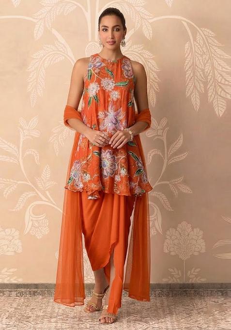 Orange Printed Organza Kurta Set