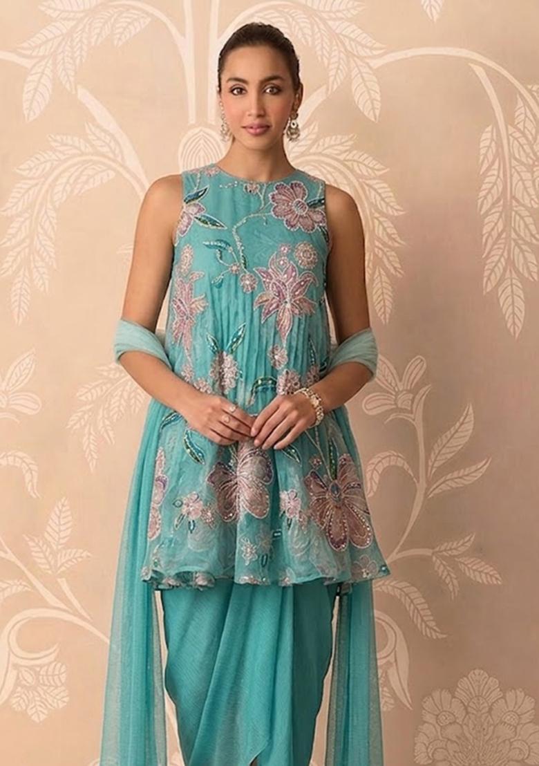 Teal Printed Organza Kurta Set - Indya