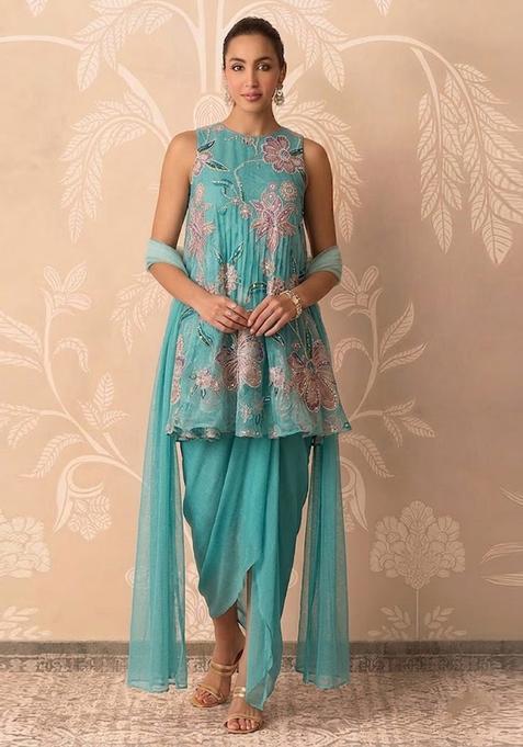 Teal Printed Organza Kurta Set