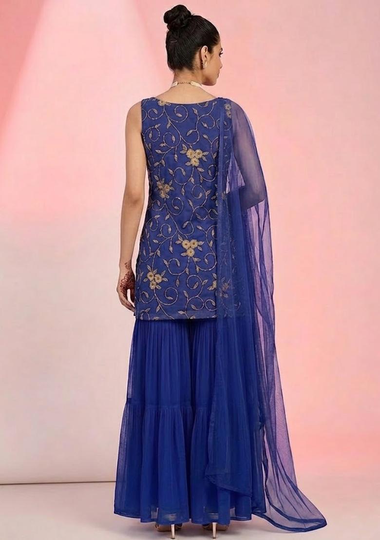 Royal Blue Embroidered Net Sharara Set - Indya