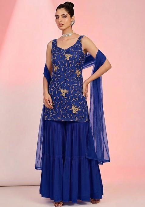 Royal Blue Embroidered Net Sharara Set