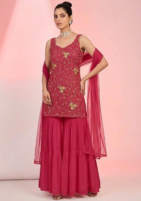 Pink Embroidered Net Sharara Set