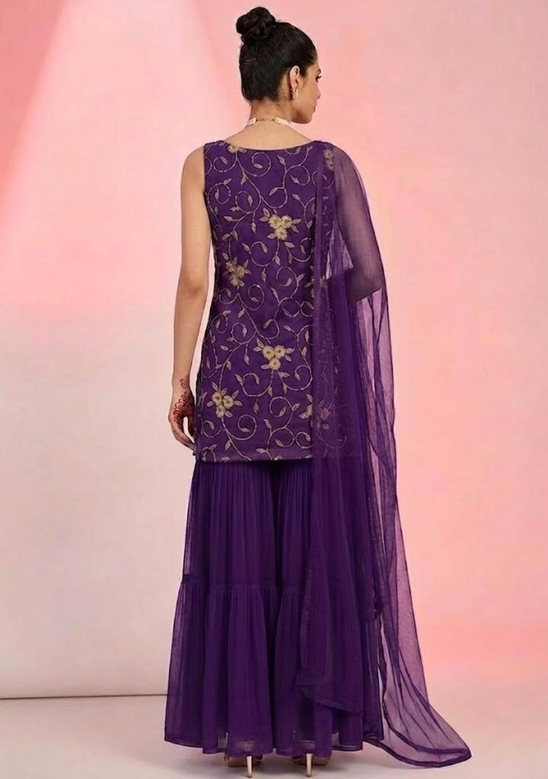 Purple Embroidered Net Sharara Set - Indya