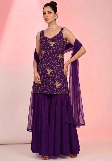 Purple Embroidered Net Sharara Set