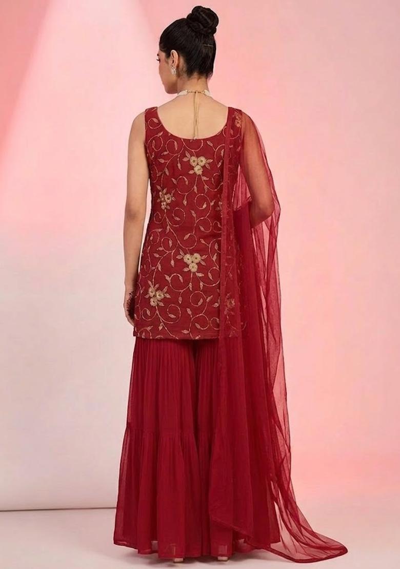 Red Embroidered Net Sharara Set - Indya