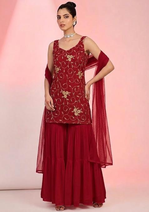 Red Embroidered Net Sharara Set