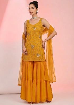 Yellow Embroidered Net Sharara Set