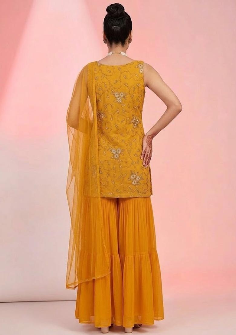 Yellow Embroidered Net Sharara Set - Indya