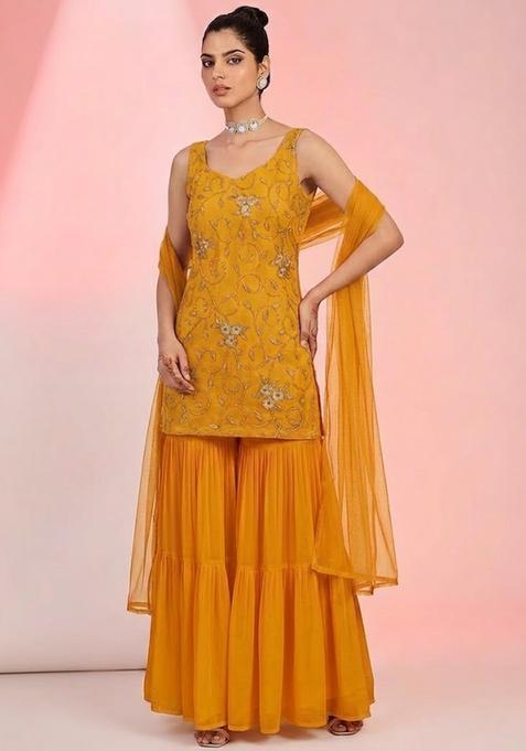 Yellow Embroidered Net Sharara Set