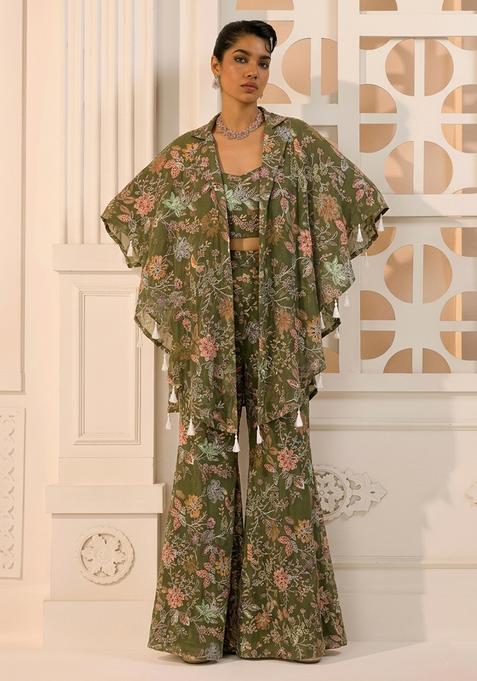 Olive Green Sequin Crepe Fusion Set