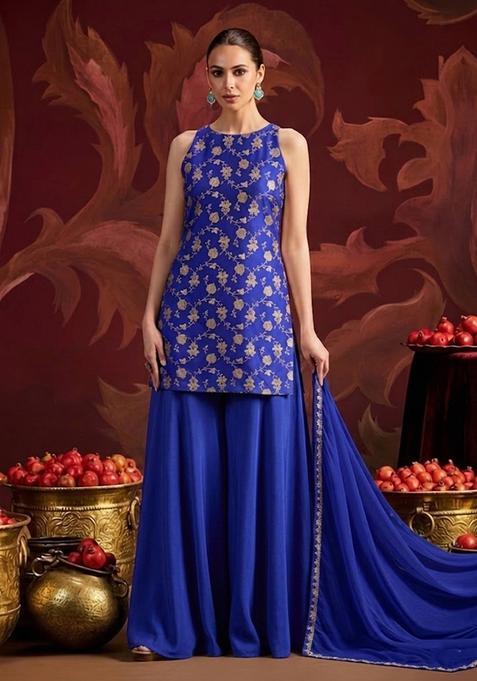 Royal Blue Banarasi Brocade Silk Sharara Set