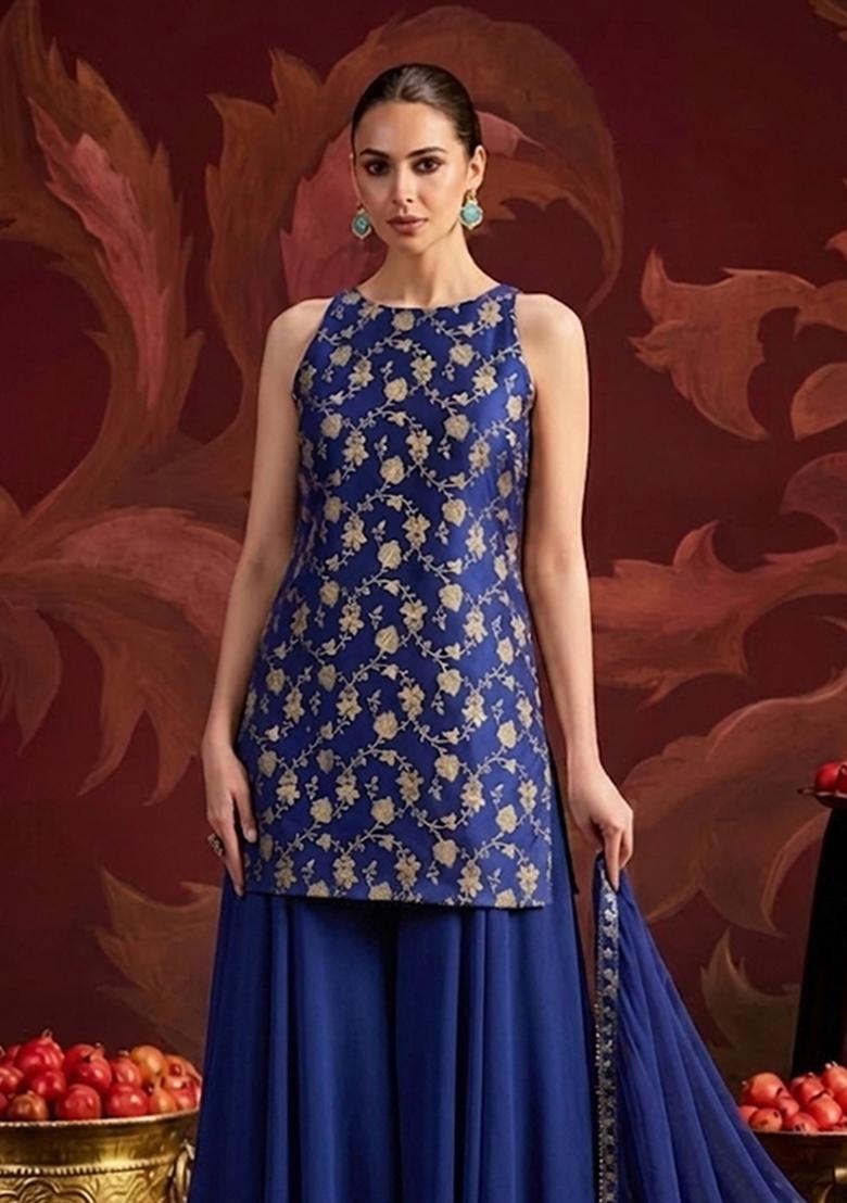 Navy Blue Banarasi Brocade Silk Sharara Set - Indya