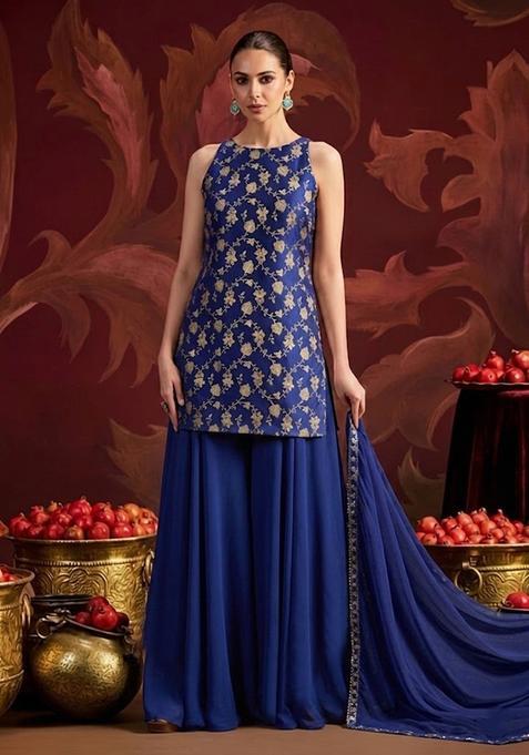 Navy Blue Banarasi Brocade Silk Sharara Set